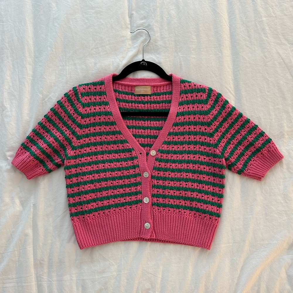 Pink and green cropped short sleeve cardigan